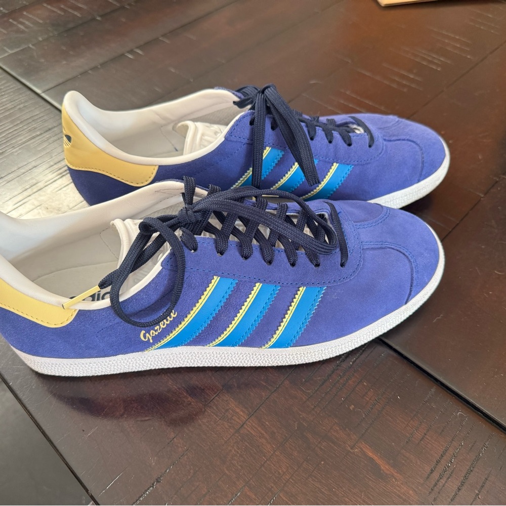 adidas Gazelle Suede Athletic Shoes in Blue with Yellow Accents